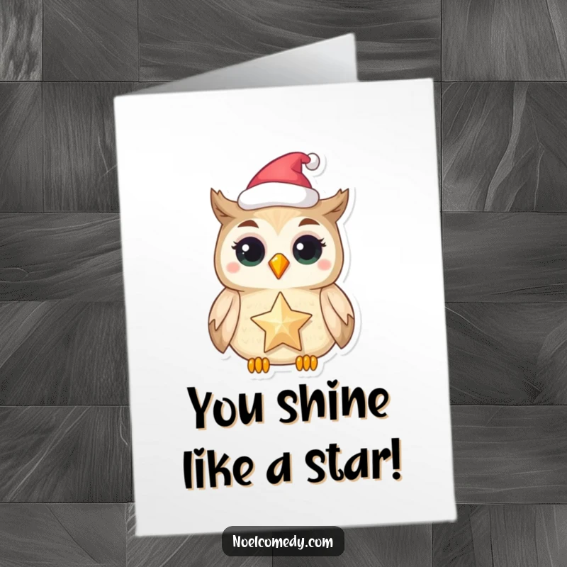 Funny Free Printable Congratulations Card: A delighted owl in a festive hat clutches a shimmering star, celebrating a brilliant success.