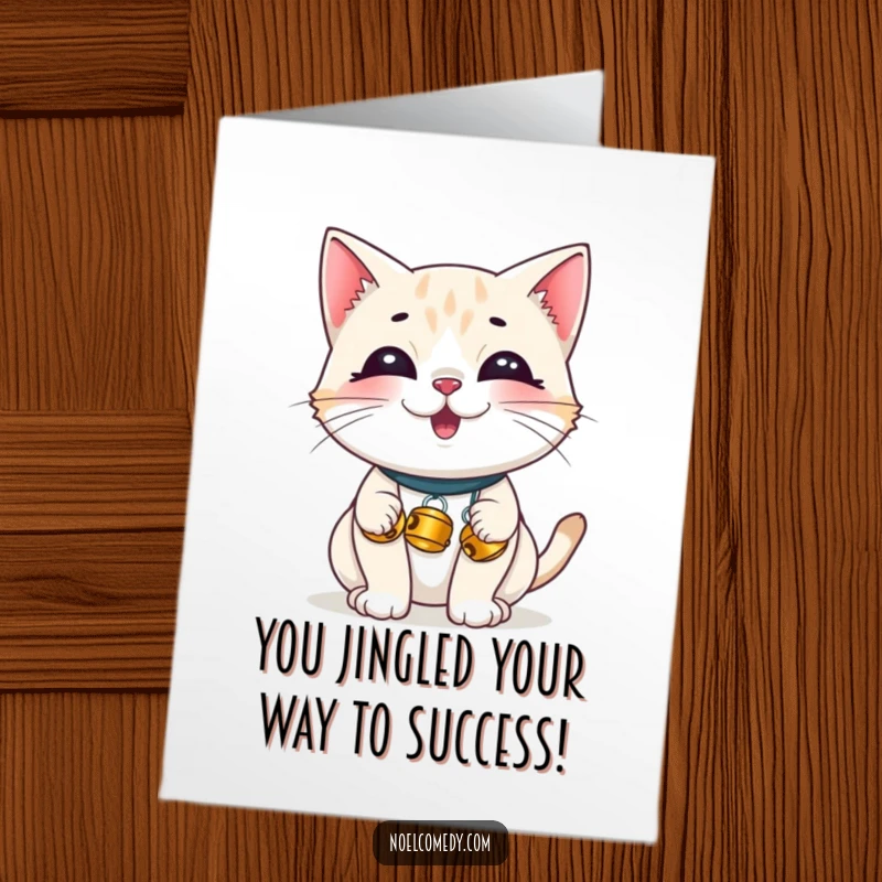Funny Free Printable Congrats Card: A giggling cat wearing tiny bells, ideal for a downloadable DIY congratulatory gift.
