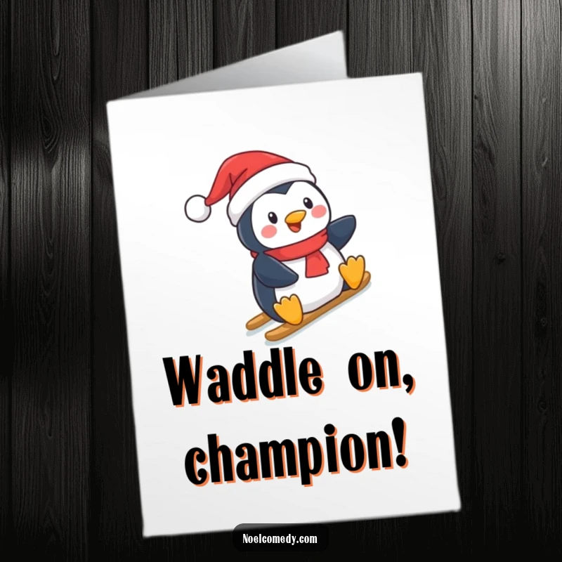 Free Printable Congratulations Card: A jolly penguin in a Santa hat sliding downhill, celebrating a win.