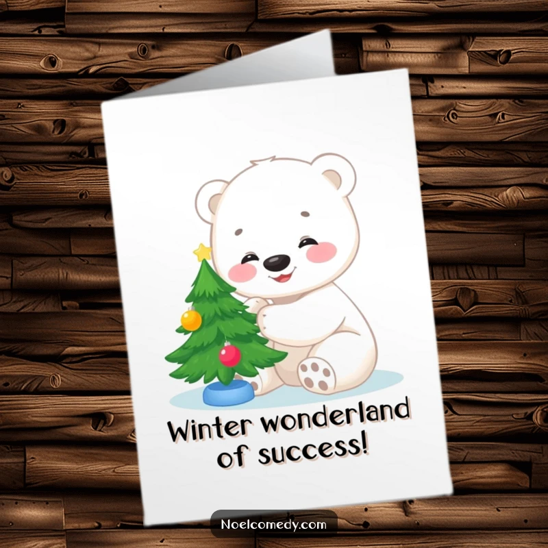 Funny Free Printable Congratulations Card of a smiling polar bear cub decorating a small Christmas tree, full of festive spirit.