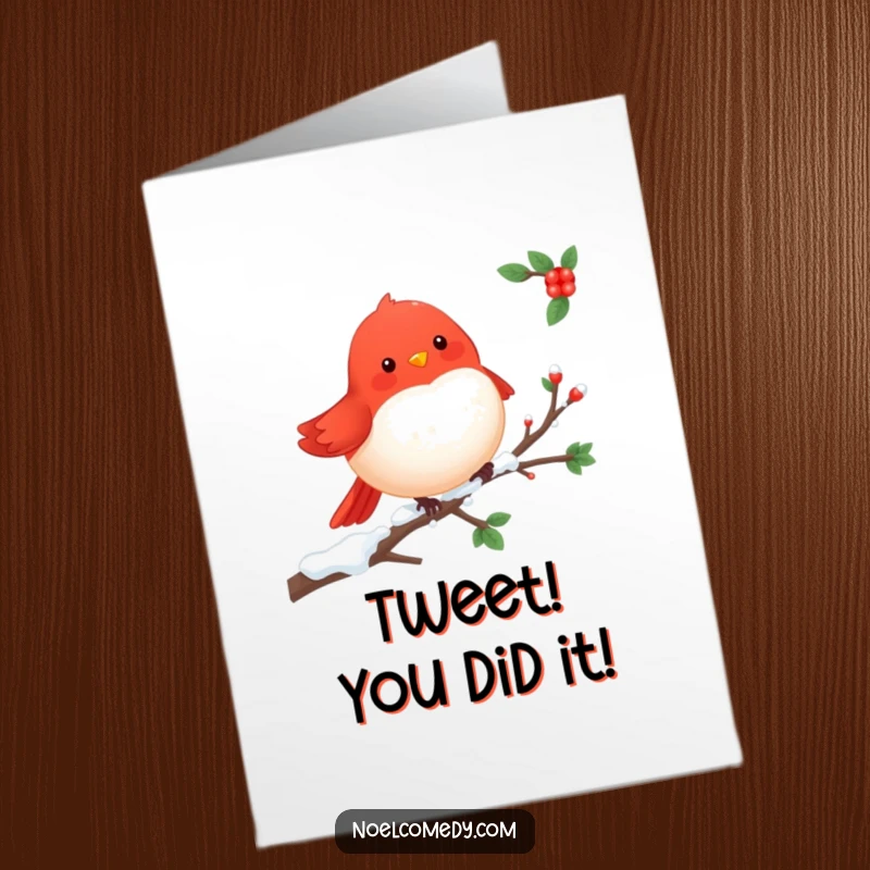 Funny Free Printable Congratulations Card: Cheerful red robin on a snowy branch, celebrating success.