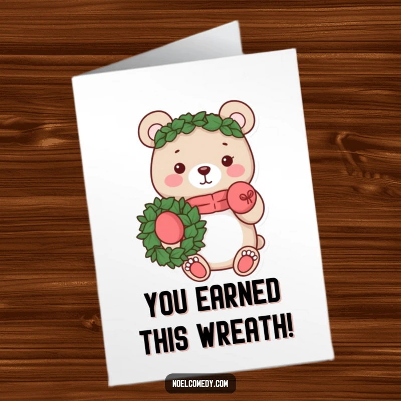 Funny Free Printable Congratulations Card: A happy bear with mittens presents a wreath, celebrating a wonderful achievement.