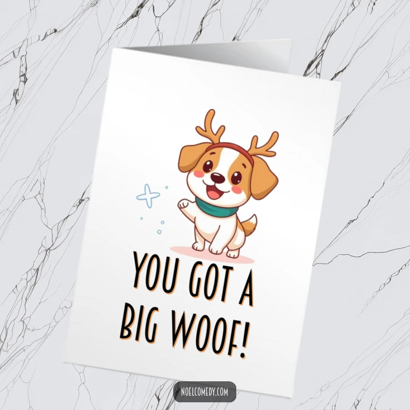 Funny Free Printable Congratulations Card: A happy dog wearing a reindeer headband chases a snowflake, celebrating a winsome occasion.