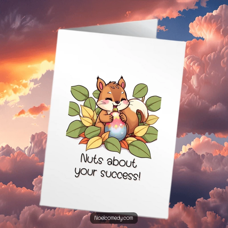 Funny Free Printable Congratulations Card: A giggling squirrel tucks a shiny ornament into a pile of leaves, celebrating a momentous occasion.