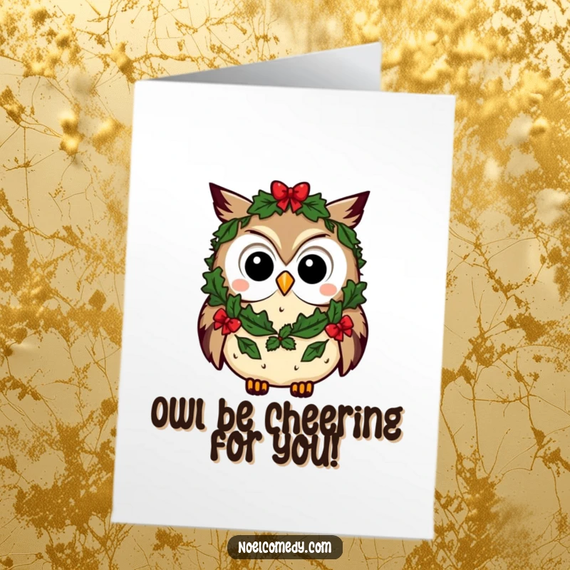 Free Printable Congratulations Card: A curious owl with a festive wreath, celebrating achievements with a touch of wit, a great DIY gift.