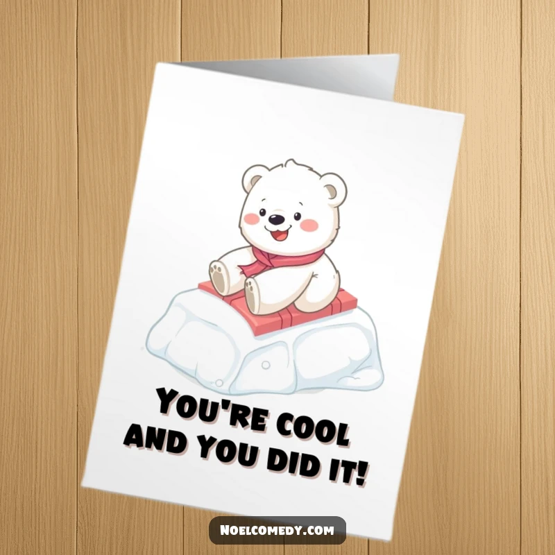 Funny Free Printable Congratulations Card: A happy polar bear cub slides downhill on a gift, celebrating success.