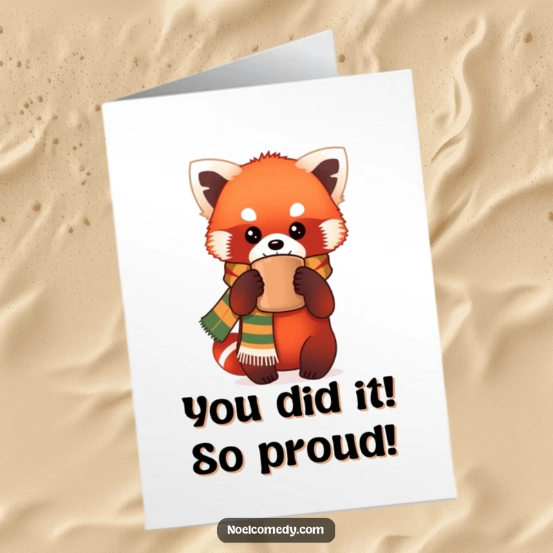 Funny free printable congratulations card showing a charming red panda in a scarf with a warm mug, celebrating success.