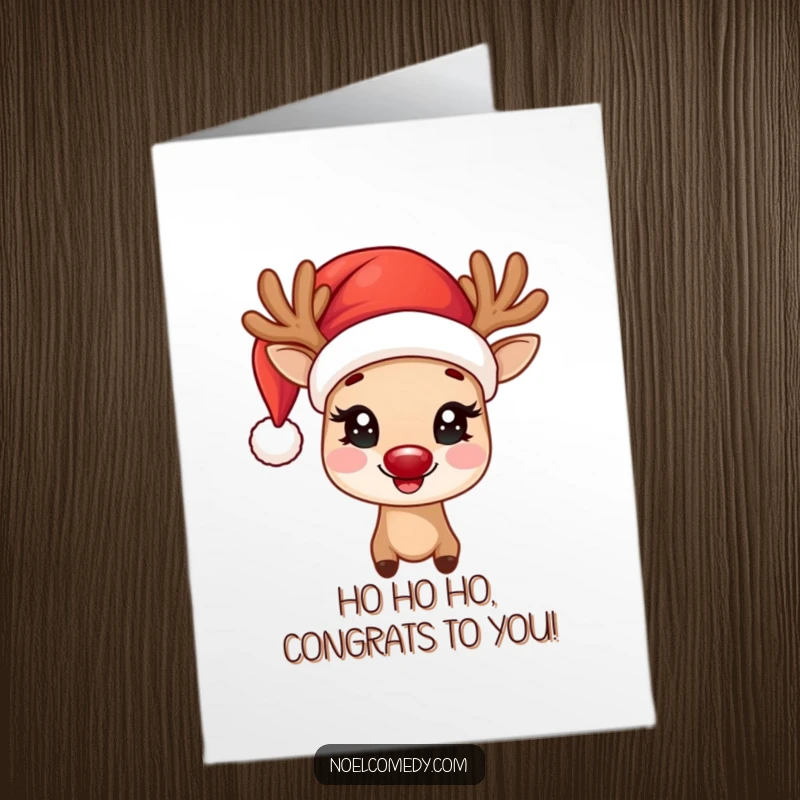 Funny Free Printable Congratulations Card: Joyful reindeer wearing a Santa hat, eyes twinkling with excitement for a special occasion.