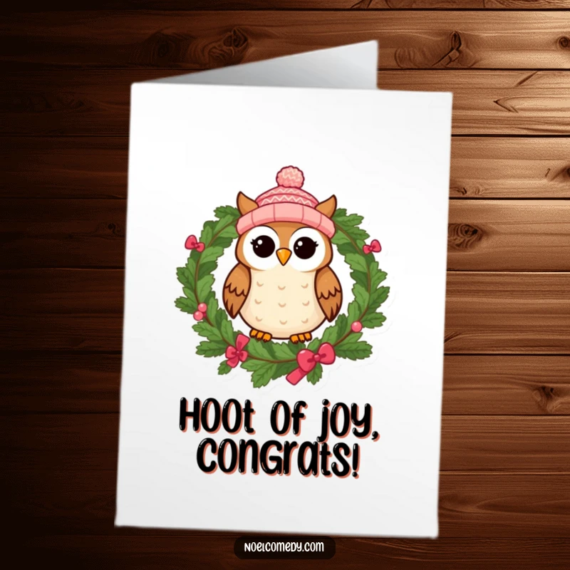 Funny free printable congratulations card with a cheerful owl on a festive wreath, spreading good vibes.