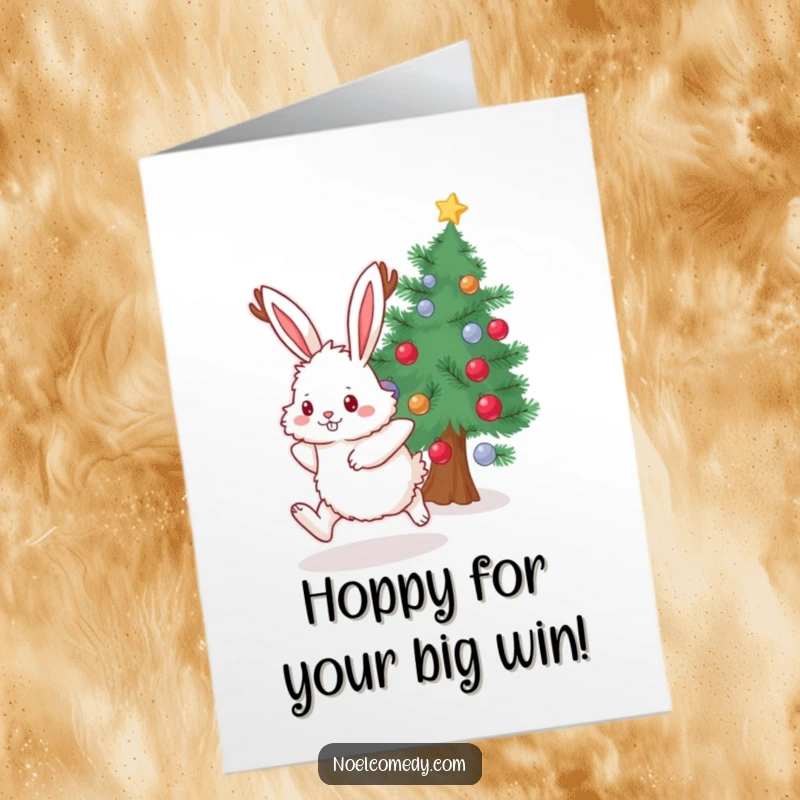 Funny Free Printable Congratulations Card: A fluffy bunny sporting antlers hops with excitement near a decorated evergreen, celebrating a win.