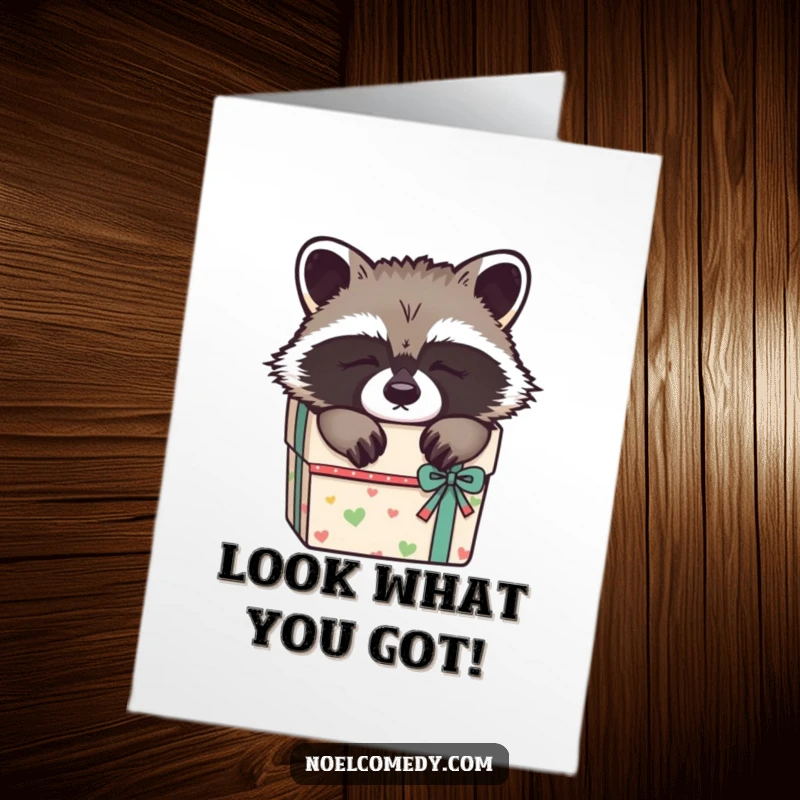 Funny Free Printable Congratulations Card: A cute, sleepy raccoon peeking out from a beautifully wrapped gift box, offering warm congrats.