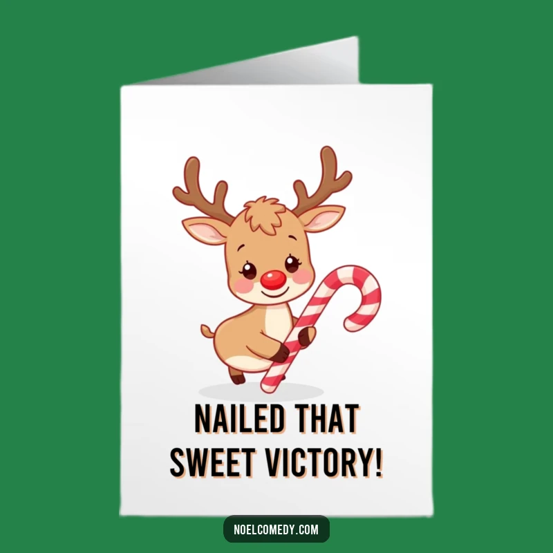 Free Printable Congrats Card: Reindeer Nudging Candy Cane Funny Downloadable Gift