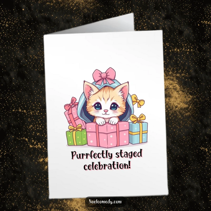 Funny Free Printable Congratulations Card: A mischievous kitten peeks from under wrapped gifts, celebrating a successful event with playful charm.