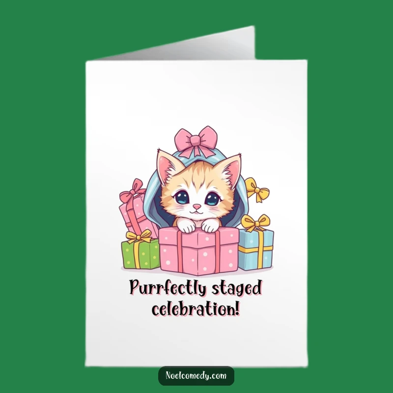 Free Printable Congratulations Card: Kitten Under Gifts, Celebrate Success with a Funny Downloadable