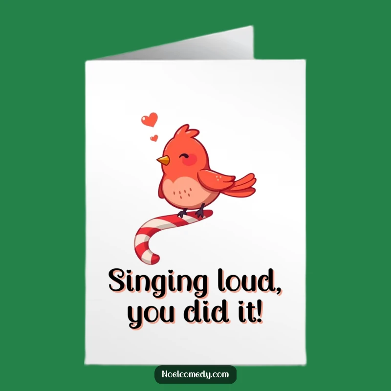 Free Printable Congrats Card: Merry Red Bird Candy Cane Singer Downloadable Gift