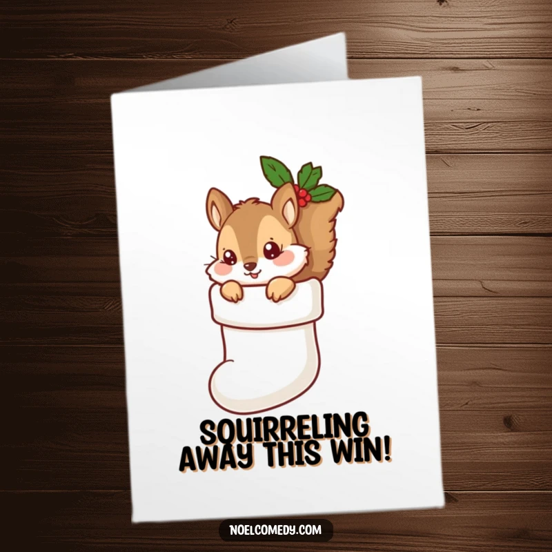 Funny Free Printable Congrats Card: A mischievous squirrel poking its head out of a Christmas stocking, celebrating good news with a wink.