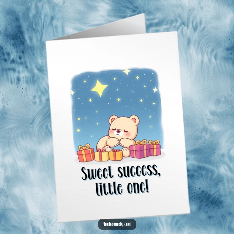 Funny free printable congratulations card featuring a sleeping bear cub dreaming of gifts under a starry, magical sky.
