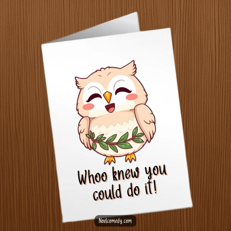 Funny Free Printable Congratulations Card: A Joyful Owl with a Festive Wreath Around its Neck Hooting Happily