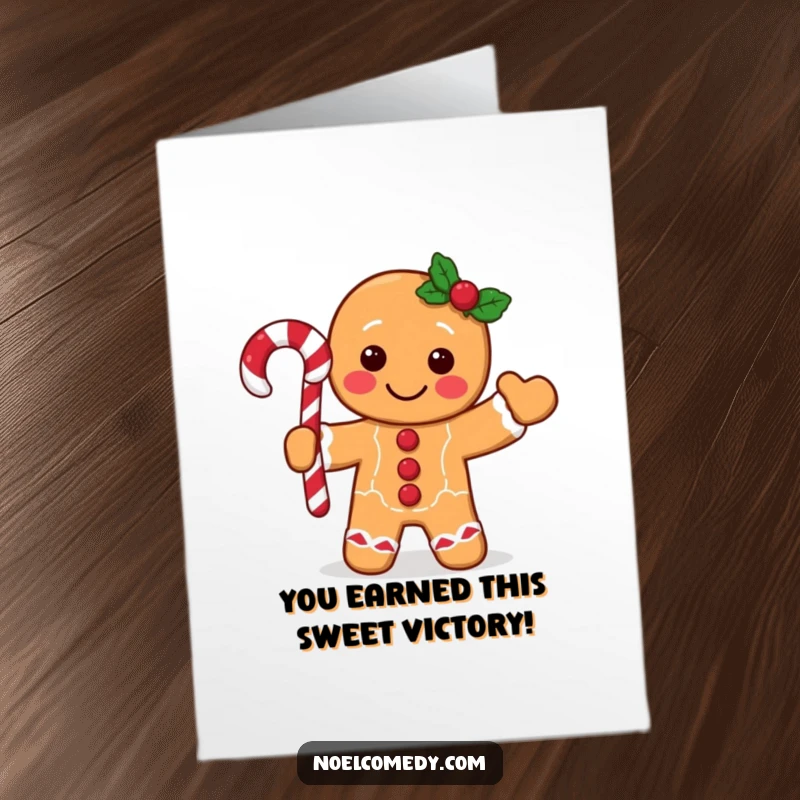 Free Printable Congratulations Card: A funny gingerbread man waving a candy cane to celebrate success, a great DIY gift.