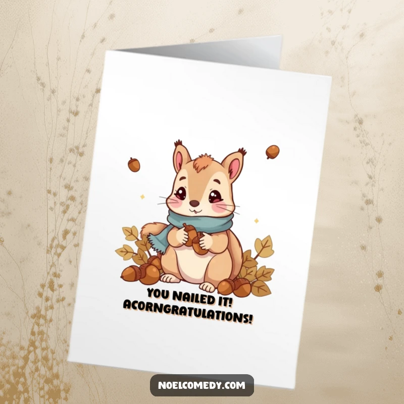Funny Free Printable Congratulations Card: Adorable squirrel in scarf holding acorns, cheering you on.