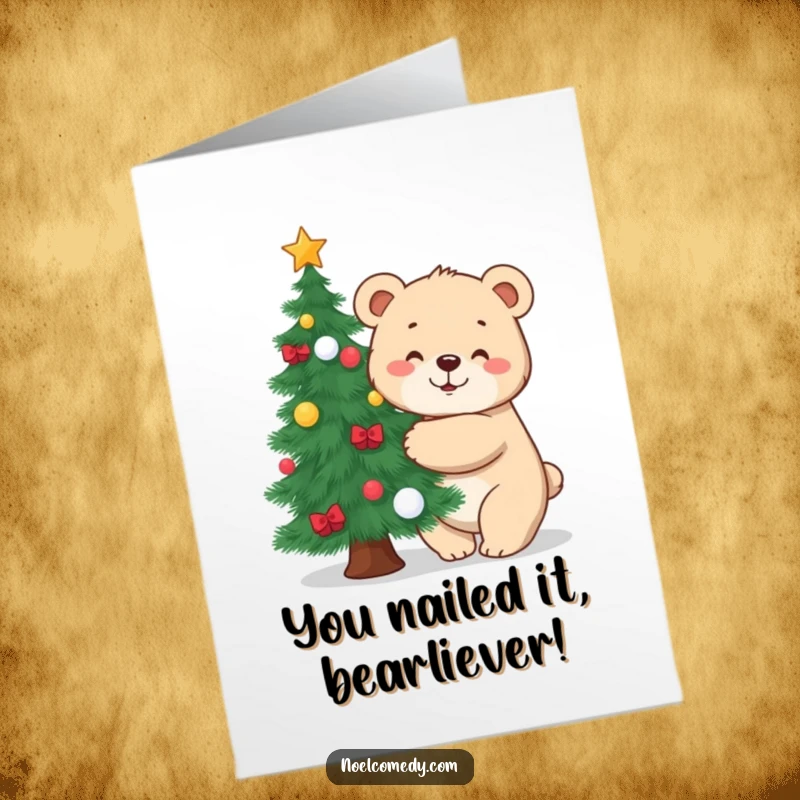 Funny Free Printable Congrats Card: A joyful bear cub giving a decorated pine tree a big, loving hug, perfect for celebrations.