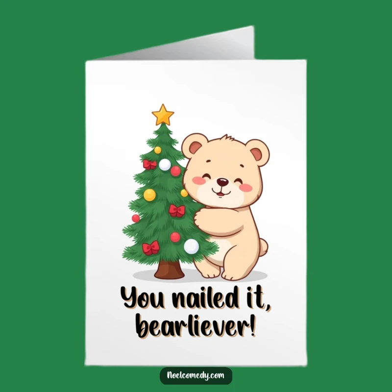 Free Printable Congrats Card: Cheerful Bear Cub Hugging Tree - Funny Downloadable Wish