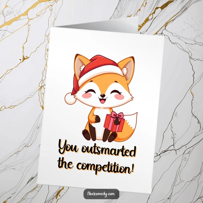 Funny Free Printable Congratulations Card showing a joyful fox wearing a Santa hat and holding a gift.