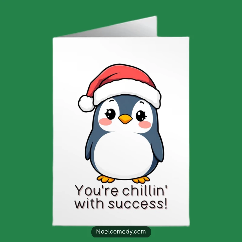 Free Printable Congrats Card: Penguin Santa Hat Celebrating Success Downloadable Gift