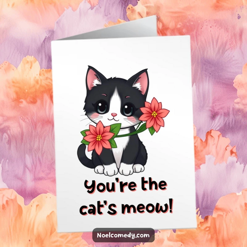 Funny Free Printable Cat Congratulations Card: Black and white cat adorned with a poinsettia, celebrating success. Elegant downloadable card.