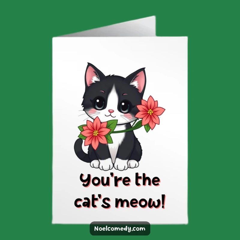 Free Printable Cat Congratulations Card: Stylish Feline Poinsettia for Your Big Win!