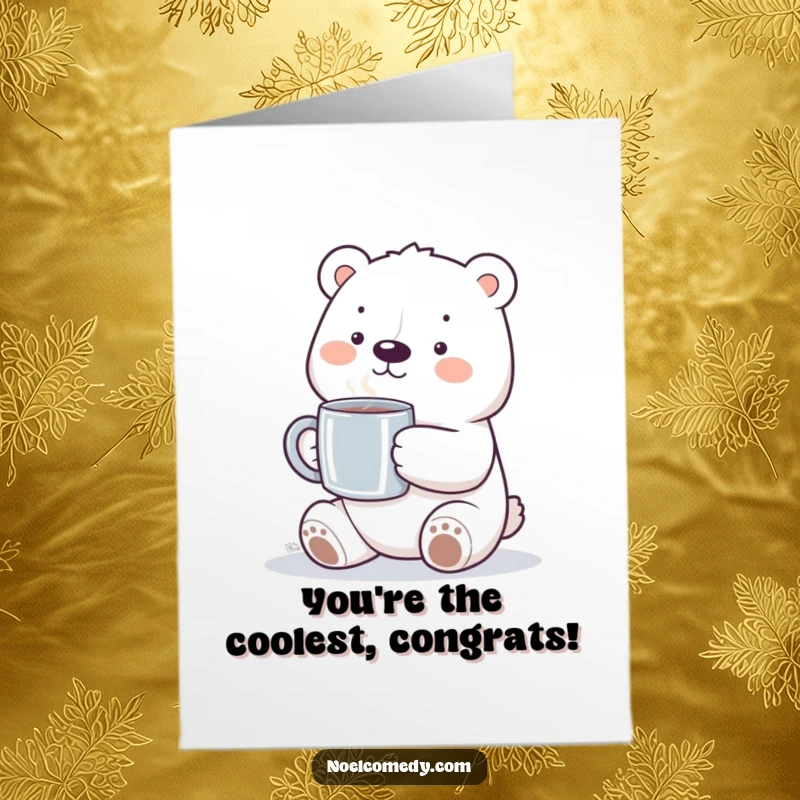 Free Printable Congratulations Card: A smiling polar bear character holding a steaming mug, celebrating a huge win.