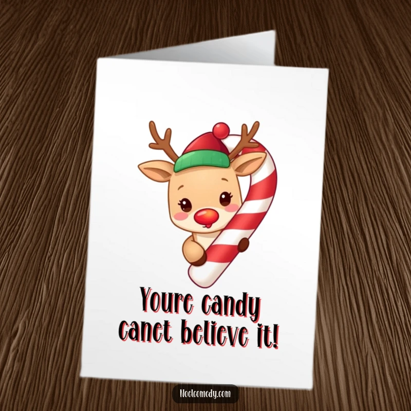 Funny Free Printable Congratulations Card: A cute reindeer with a bright red nose peeks from behind a large candy cane.