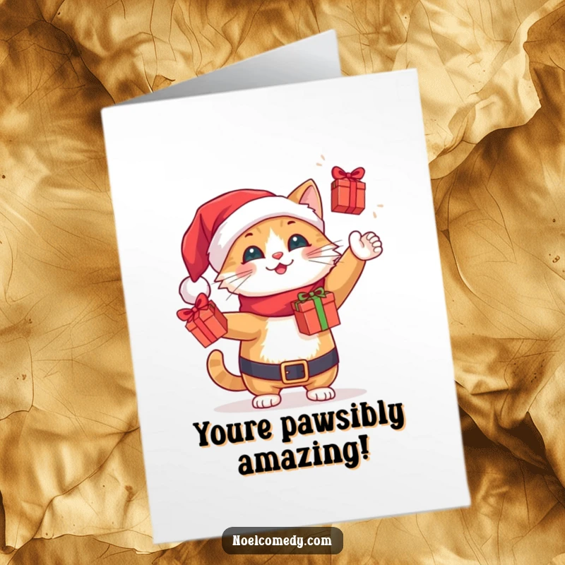 Funny Free Printable Congratulations Card: A cheerful cat in a Santa hat juggles tiny gift boxes with glee.