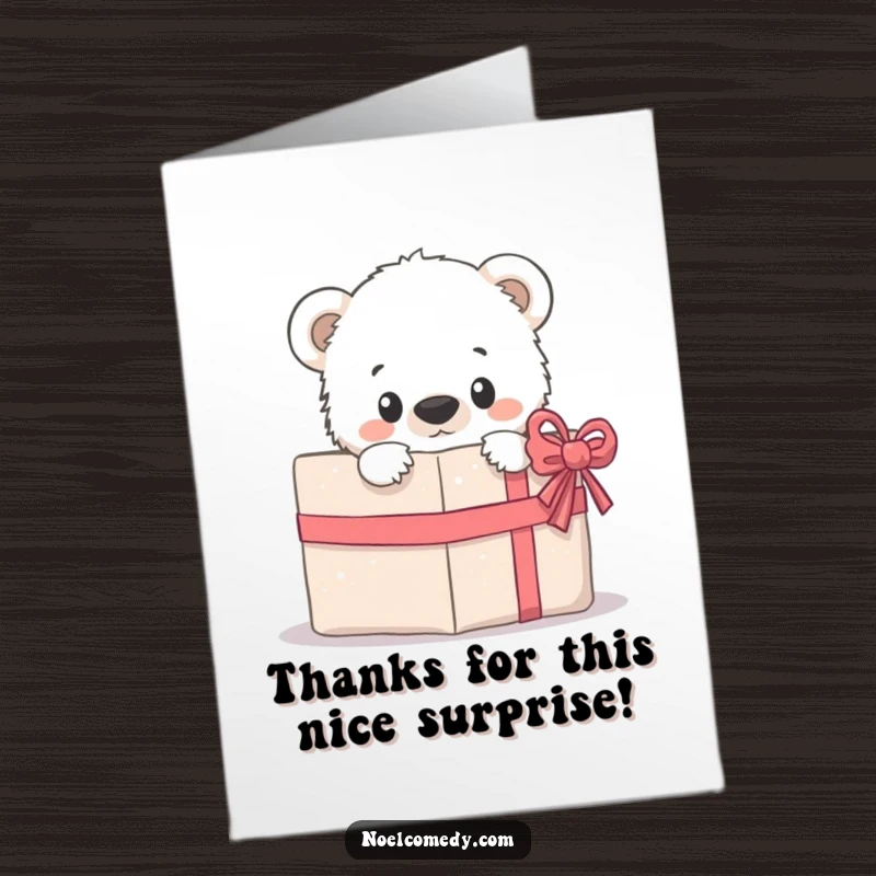 Funny Free Printable Thank You Card: A curious polar bear cub peeking from behind a wrapped gift, ready to thank you.