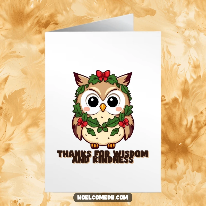 Funny Free Printable Thank You Card: A curious owl wearing a festive wreath, conveying heartfelt thanks with a touch of humor.