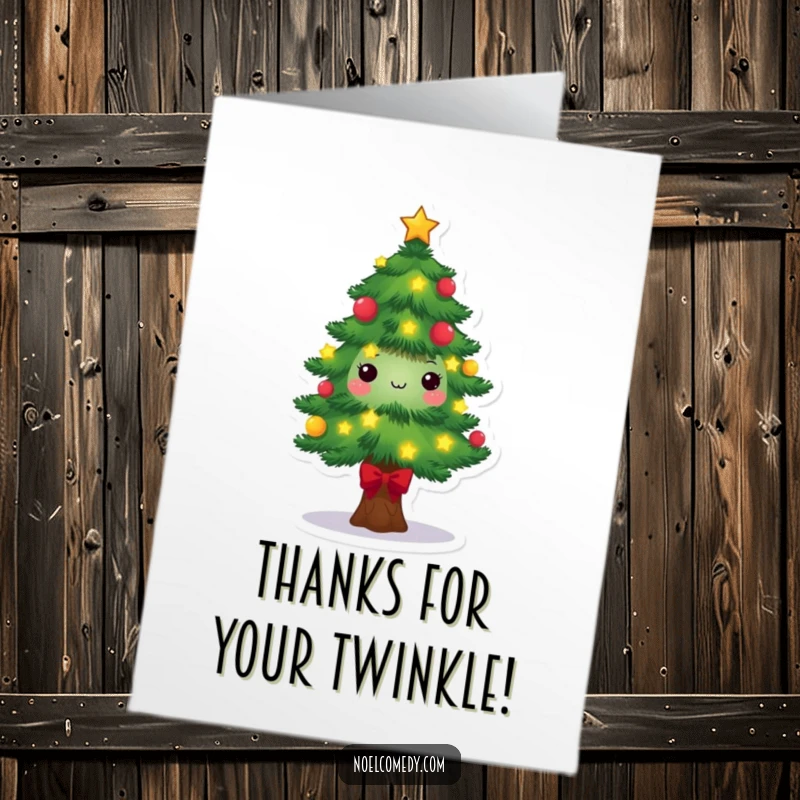 Funny Free Printable Thank You Card: Decorated pine tree with twinkling lights and stars, expressing festive thanks.
