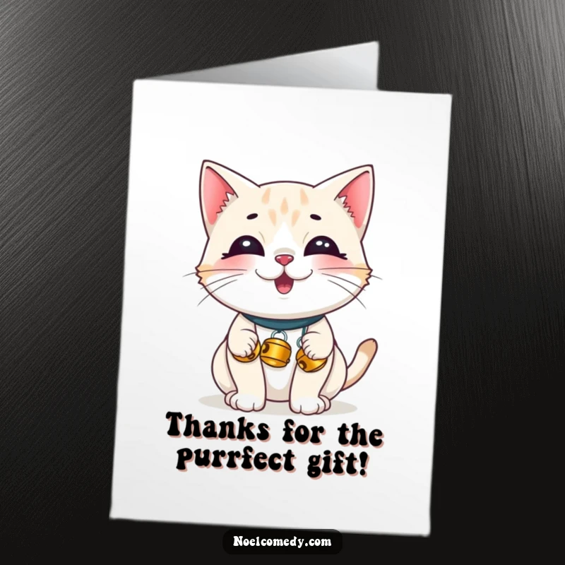 Funny Free Printable Thank You Card: A giggling cat with tiny bells, a sweet downloadable DIY gift of thanks.