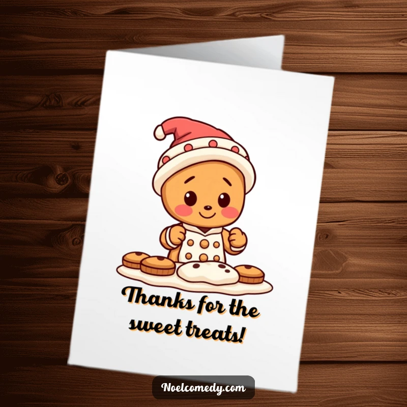 Funny Free Printable Thank You Card: A little gingerbread man in a funny hat proudly baking a batch of cookies.