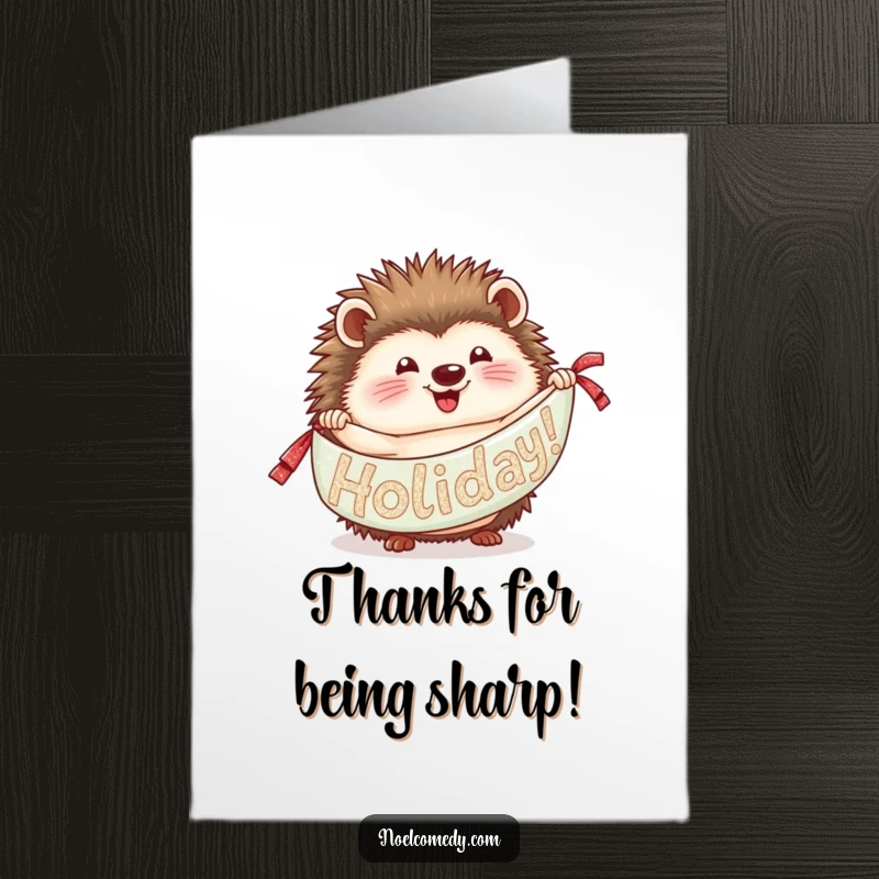Funny Free Printable Thank You Card: A delighted hedgehog reveals a long, glittery banner to express sincere and joyful thanks.