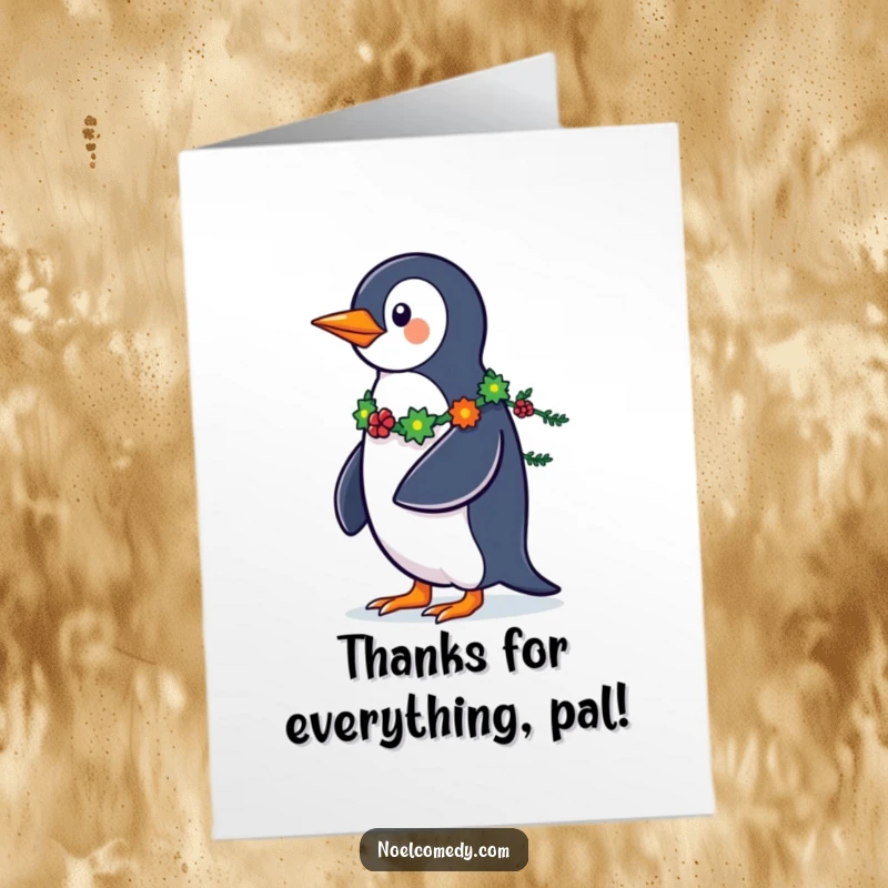 Funny Free Printable Thank You Card: A penguin struts showcasing its festive garland tail, a joyful way to say thank you.