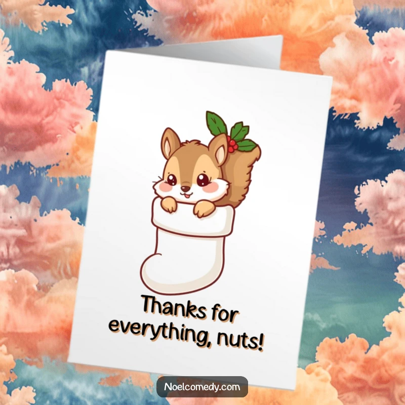 Funny Free Printable Thank You Card: A curious squirrel peeking from a festive stocking, offering heartfelt thanks with a touch of mischief.