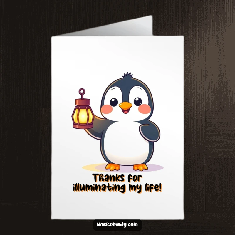 Funny Free Printable Thank You Card of a penguin holding a glowing lantern, caught in a moment of surprise.