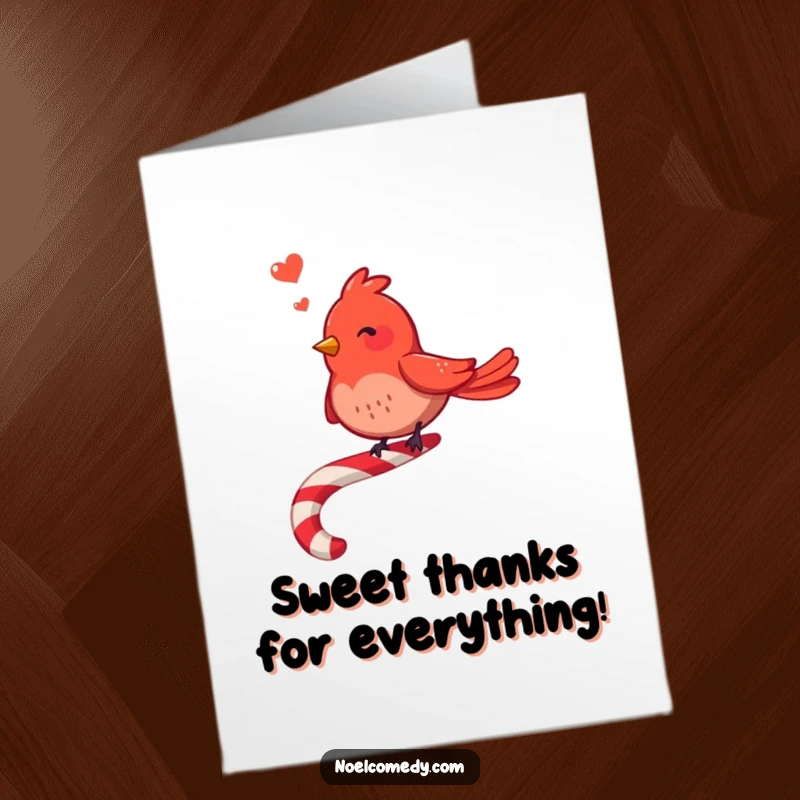 Funny Free Printable Thank You Card: Red bird on a candy cane singing a thank you song.