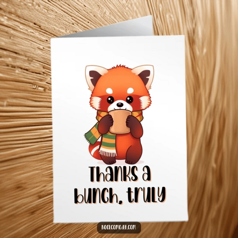 Funny free printable thank you card with a red panda in a scarf holding a mug, expressing heartfelt thanks.