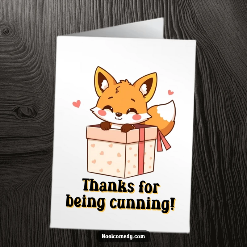 Funny Free Printable Thank You Card: A cheerful fox peeking out of a gift box, saying thank you.
