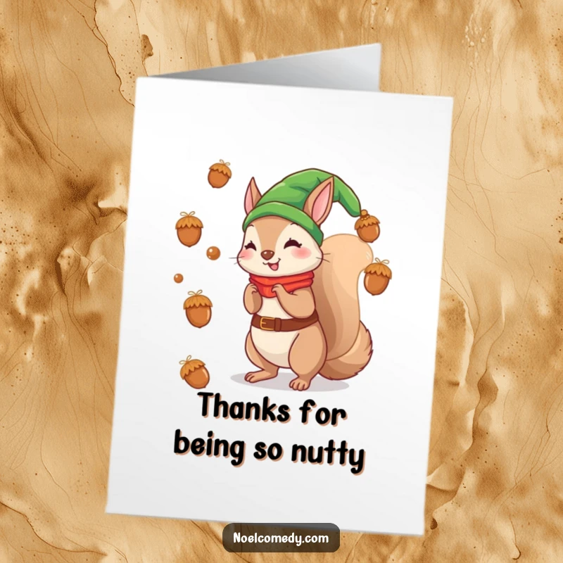 Funny Free Printable Thank You Card: A cute squirrel in elf attire, holding an acorn and looking thankful for your kindness.