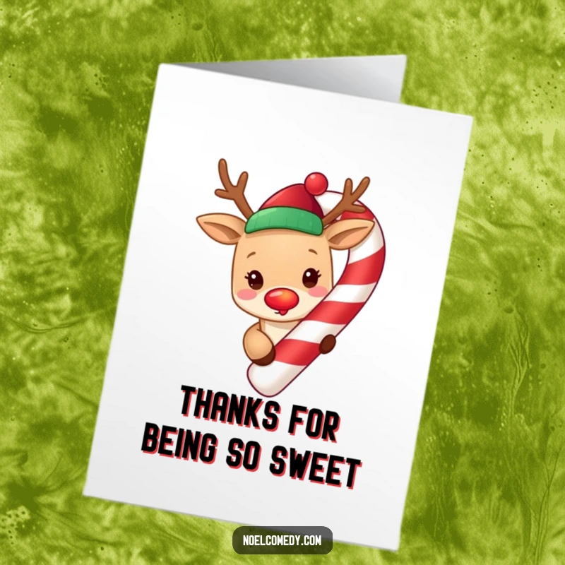 Funny Free Printable Thank You Card: Adorable reindeer with a glowing red nose peeking around a giant candy cane.