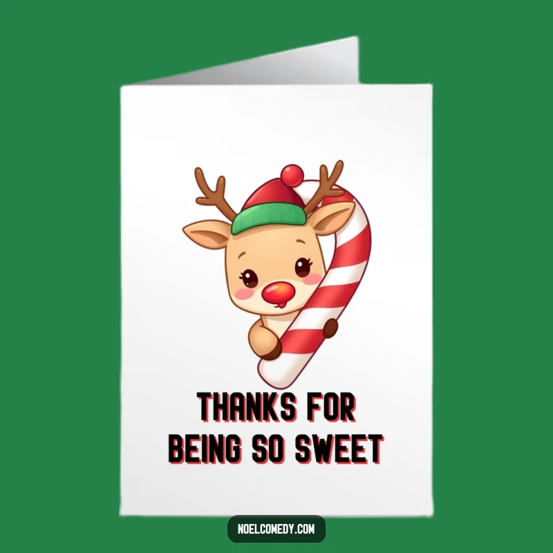 Free Printable Thank You Card: Funny Reindeer Candy Cane, Downloadable & Print at Home for Sweet Thanks