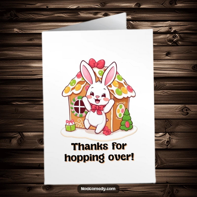 Funny Free Printable Thank You Card: A bouncing bunny festively decorating a gingerbread house, offering sweet and heartfelt thanks.
