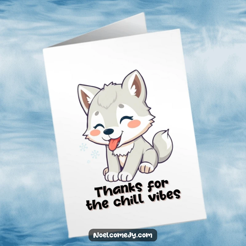 Funny Free Printable Thank You Card: A delightful wolf pup catching snowflakes, conveying thanks with a touch of winter magic.